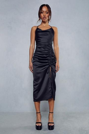 Black Premium Satin Cowl Neck Ruched Side Midi Dress