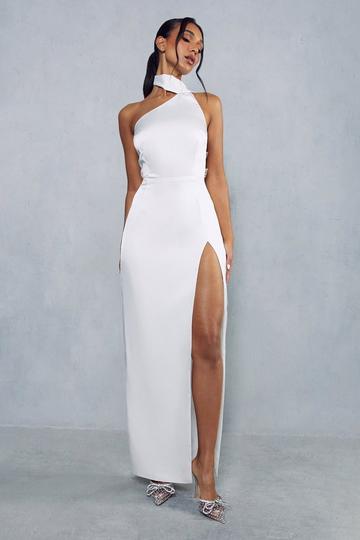 Ivory White Premium Satin Diamante Drape Back Split Leg Maxi Dress