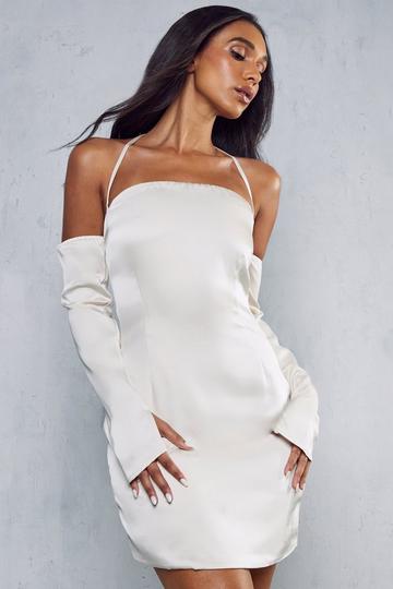 Premium Satin Halterneck Bardot Split Sleeve Dress ivory