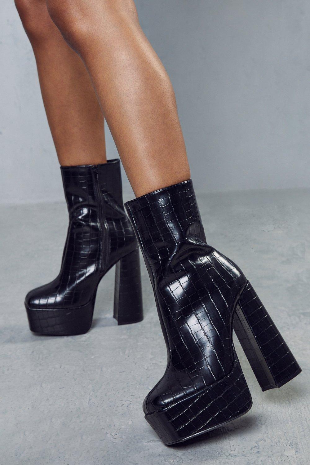 Public desire black store croc effect platform boots