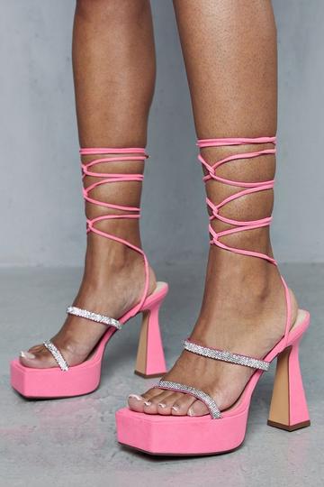 Faux Suede Platform Diamante Detail Heels pink