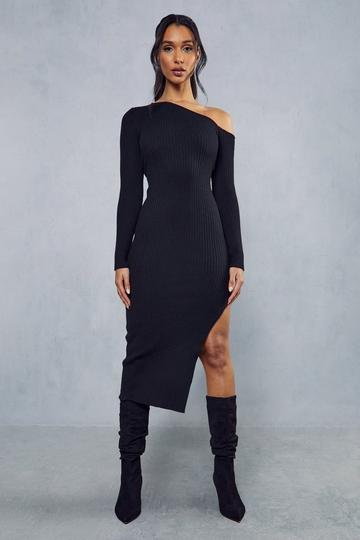 Asymmetric Side Split Knitted Midi Dress black