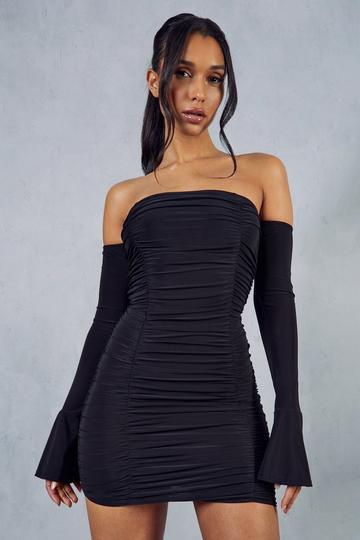 Double Layer Ruched Long Sleeve Bardot Dress black