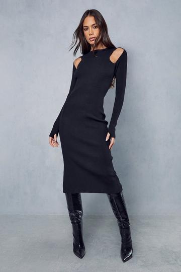 Black Cut Out Rib Knit Midi Dress