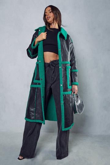 Leather Look Longline Aviator Coat green