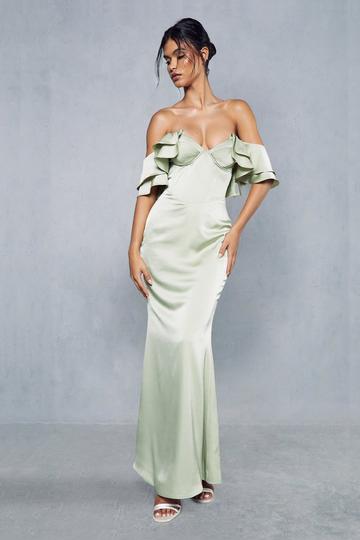 Green Premium Satin Corseted Bardot Frill Maxi Dress