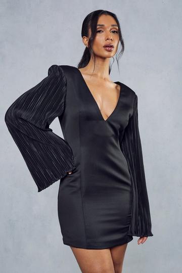 Plisse Sleeve Satin Plunge Mini Dress black