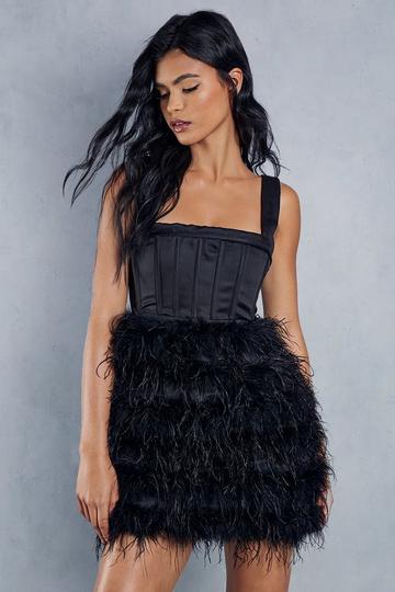Premium Square Neck Corset Feather Skirt Mini Dress black