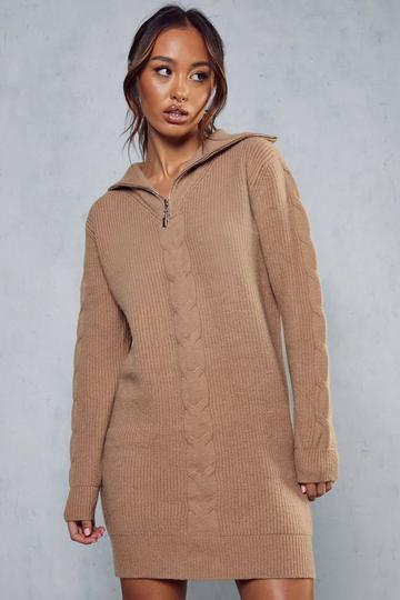 Stone Beige Cable Knit Detail Zip Up Jumper Dress
