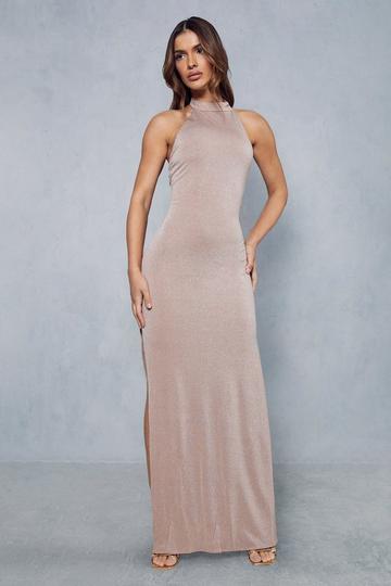 Shimmer Double Layer High Neck Backless Maxi Dress mauve