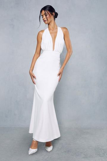 Ivory White Premium Satin Pleated Halterneck Open Back Maxi Dress