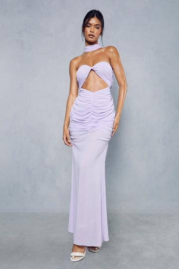 Lilac Purple Sheer Overlay Ruched Choker Neck Cut Out Maxi Dress