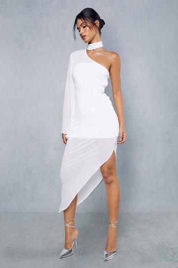 White Sheer Overlay Ruched Choker Neck Asymmetric Midi Dress