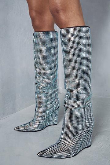 Premium Diamante Knee High Wedged Boots silver