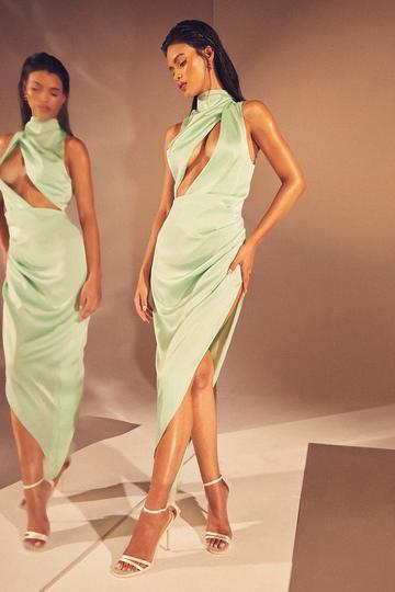 Sage Green Premium Satin Grown On Neck Draped Midi Dress