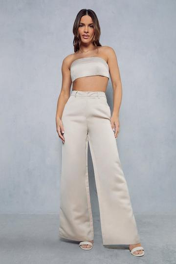 Stone Beige Premium Tailored Satin High Waisted Wide Leg Trousers