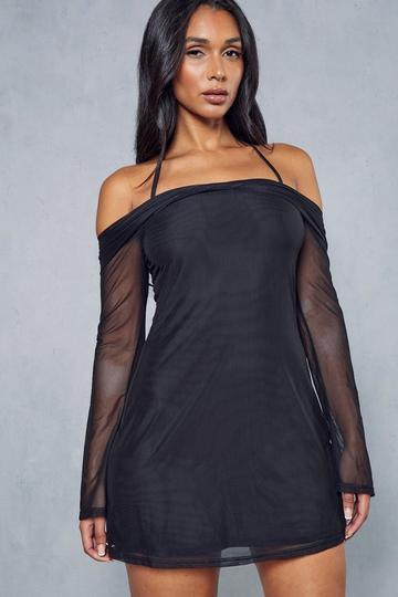 Mesh Halterneck Strap Detail Bardot Mini Dress black