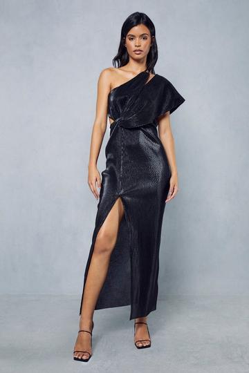 Black Metallic Plisse Asymmetric Twist One Shoulder Maxi Dress