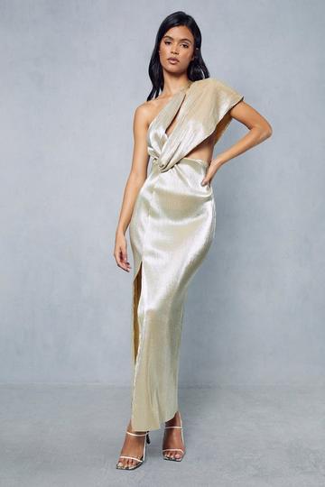 Gold Metallic Metallic Plisse Asymmetric Twist One Shoulder Maxi Dress
