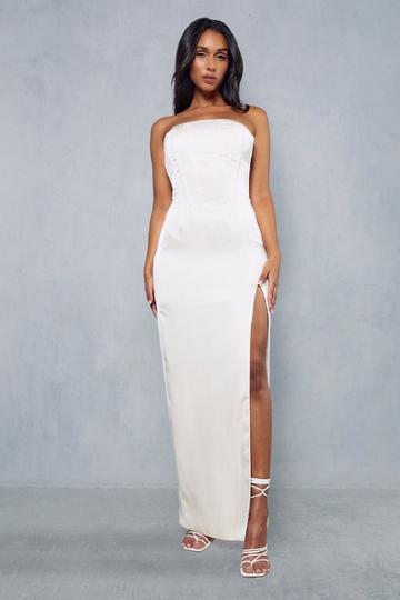 Ivory White Premium Satin Corset Lace Up Back Maxi Dress