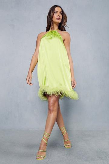 Premium Satin Feather Trim Swing Dress lime