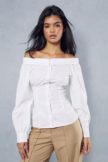 White Poplin Off The Shoulder Fitted Shirt