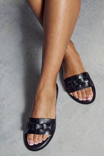 Black Leather Look Woven Sandals