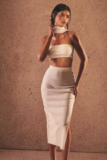 Ribbed Bandeau Tab Neck Skirt Co Ord cream