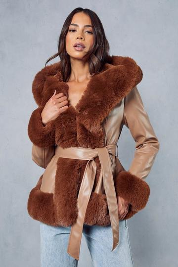Camel Beige Faux Fur Leather Look Belted Coat