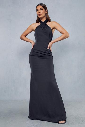 Black Premium Satin Twist Front Gown