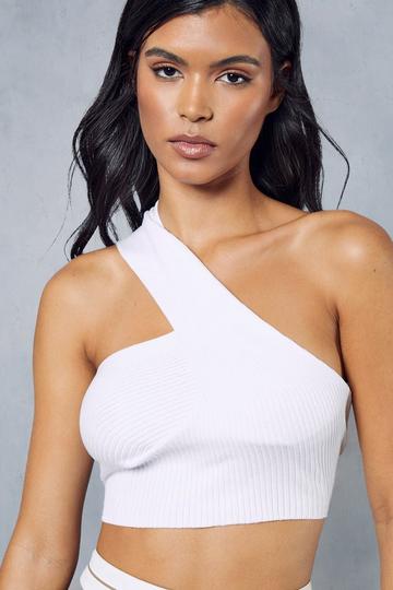 Knitted Ribbed One Shoulder Top white