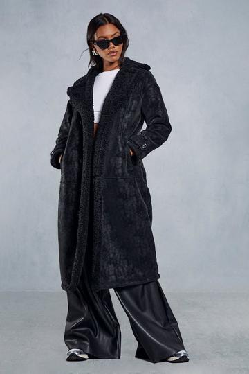 Textured Faux Suede Borg Lined Longline Coat black