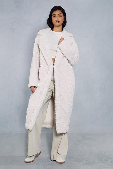 Cream White Longline Oversized Collar Teddy Fur Coat
