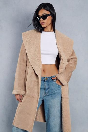 Faux Suede Borg Lined Panelled Coat tan