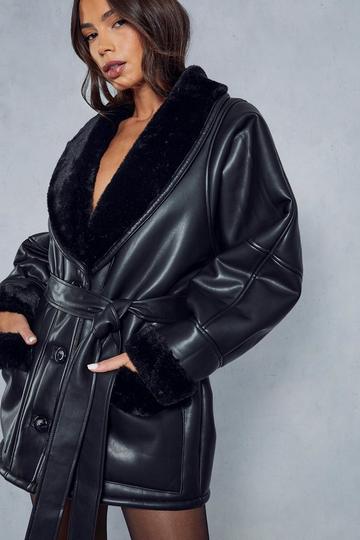 Black Premium Leather Look Belted Fur Lined Aviator Coat