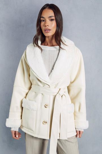 Cream White Premium Leather Look Belted Fur Lined Aviator Coat