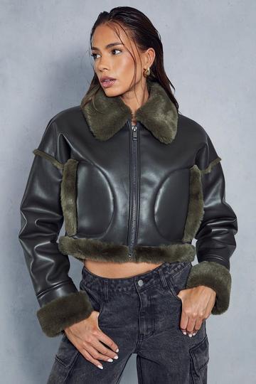 Premium Leather Look Cropped Fur Lined Aviator Coat khaki
