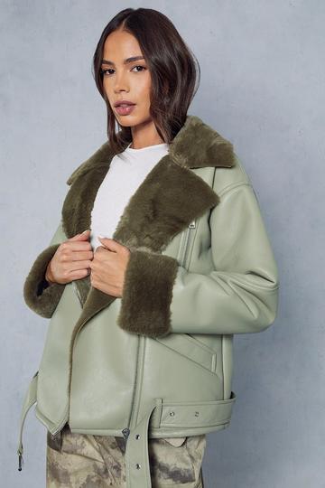 Fur Lined Oversized Leather Look Aviator Coat sage