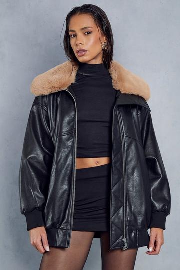 Black Fur Collar Oversized Leather Look Bomber Jacket