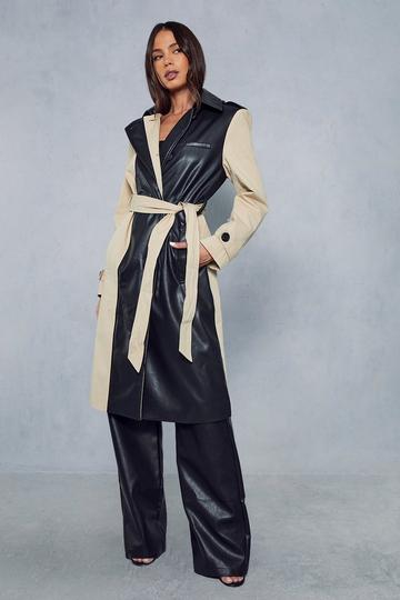Black Contrast Woven Leather Look Panelled Trench Coat