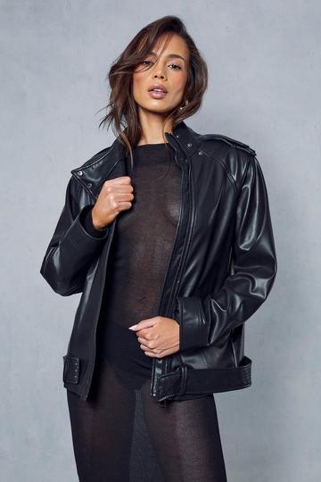 Black Panelled Detail Leather Look Biker Jacket