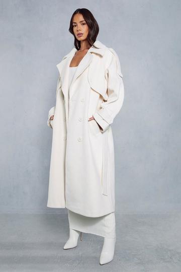 Cream White Premium Oversized Wool Look Trench Coat