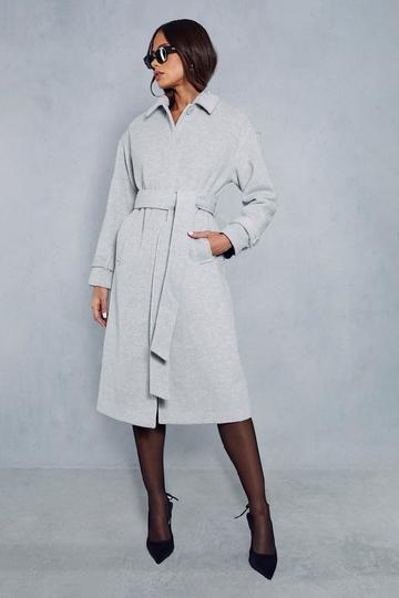Wool Look Belted Midi Trench Coat light grey