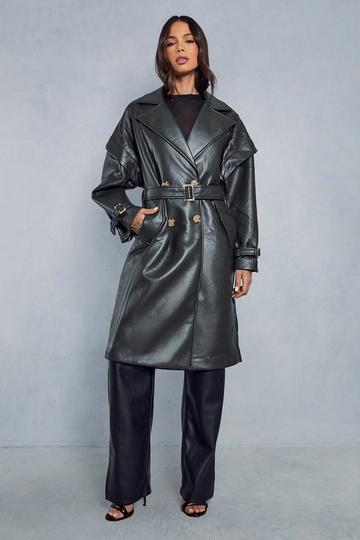 Green Textured Leather Oversized Longline Trench Coat