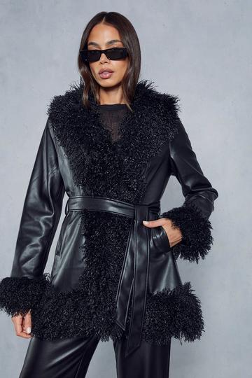 Leather Look Monglian Faux Fur Trim Belted Coat black
