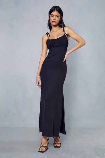 Black Linen Look Ruched Bust Backless Maxi Dress