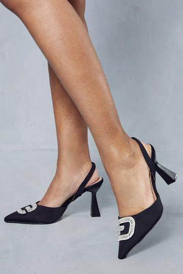 Black Embellished Satin Pointed Heels