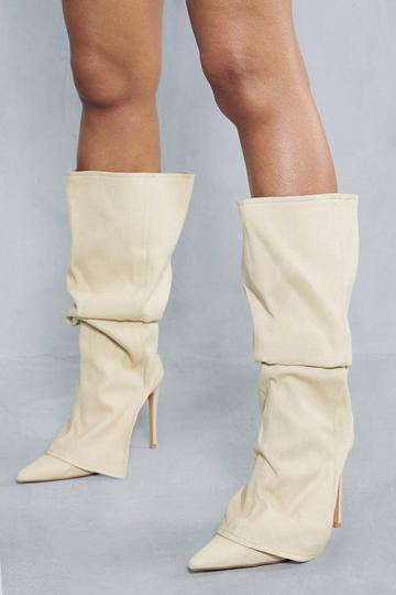 Cream White Denim Overlay Knee High Boots