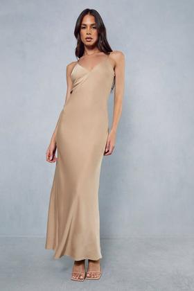 Dresses, Premium Satin V Plunge Strappy Low Back Midi Slip Dress