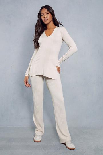 Knitted Ribbed Plunge Neck Co-ord stone